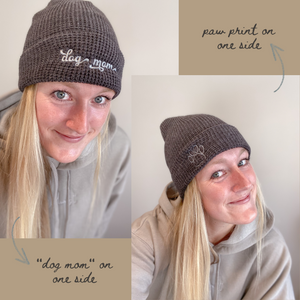 Heather Charcoal beanie with light grey "dog mom" embroidered on one side and a paw embroidered on the other side